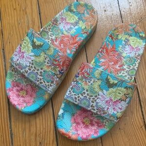Johnny Was Floral Slide Sandals in Turquoise, Pink and Orange
